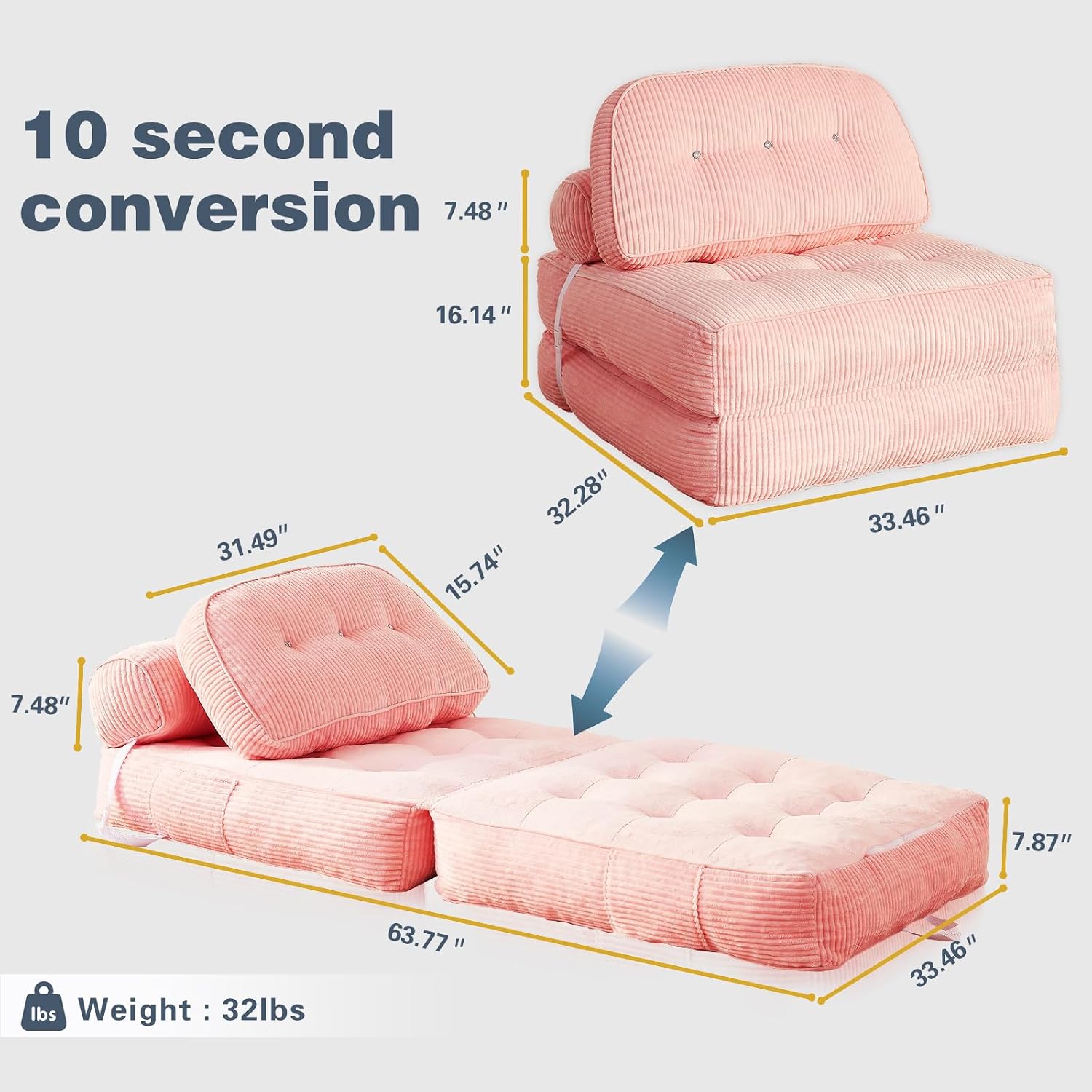 Futon Sofa Bed Chair - Convertible Sleeper Bed For Small Space, No Assembly Required, Space-Saving, Breathable & Sweat-Wicking For Post-Workout Recovery, Yoga Stretch, Lounging, Gaming, Naps