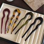 French Twist Stick Hair Fork, 4PCS Wavy U Shaped Hair Pin Clip for Spiral Updo Bun, Tortoise Shell, Fashion Flexible Durable Styling Hair Accessories for Women (Green, Black, Brown, Leopard Print)