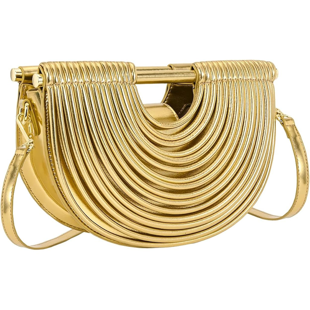 Half-Moon Clutch Purse For Women Wedding Woven Evening Shoulder Bag Top Handle Gold Party Prom Handbag