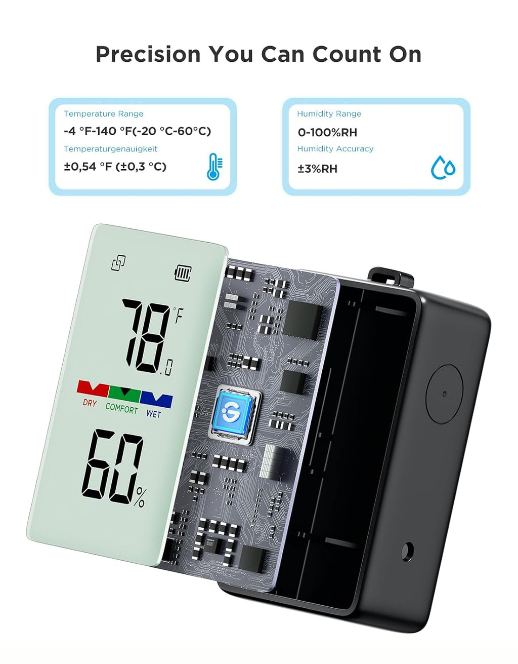 Goveelife 2-In-1 Indoor Outdoor Thermo-Hygrometer, With Ip65 Waterproof | Digital Display, 197Ft Buletooth Range, Notification Alert, 2 Years Data Storage Export, For Home, Camping, Patio, Greenhouse