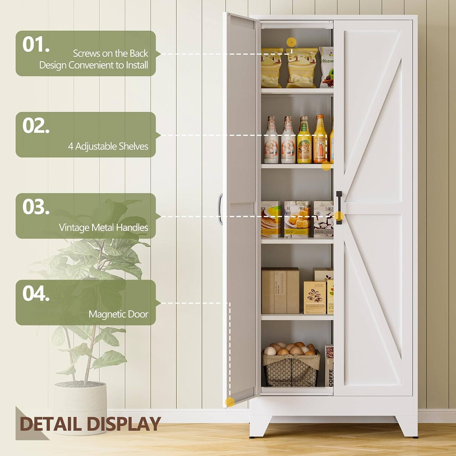 Farmhouse Storage Cabinet,75" H Metal Pantry Cabinet With Barn Doors And Adjustable Shelves,75" H 6-Tier Rustic Pantry Organizers For Kitchen,Dining Room,White