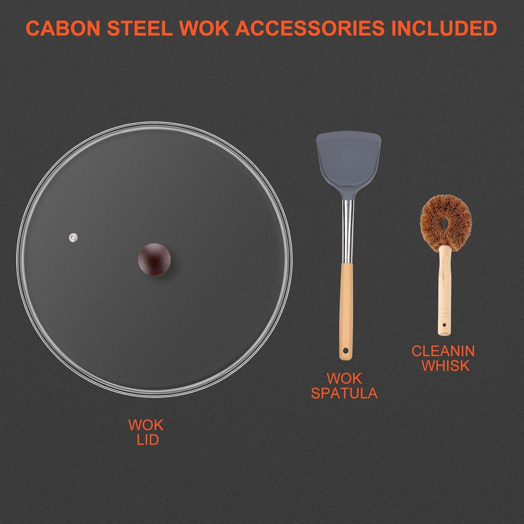 13" Nonstick Wok - Wok Pan with Glass Cover, Carbon Steel Woks & Stir-Fry Pans: Flat Bottom Chinese woks for Electric, Induction, Gas, All Stoves