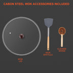 13" Nonstick Wok - Wok Pan with Glass Cover, Carbon Steel Woks & Stir-Fry Pans: Flat Bottom Chinese woks for Electric, Induction, Gas, All Stoves