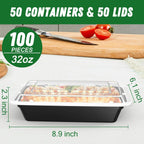 50 Pack (100-Piece) 32 oz Meal Prep Containers Reusable with Easy Open Lids, Sturdy Leakproof Food Safe, Microwave Freezer Dishwasher Safe, To Go Take Out Plastic Food Storage Pans with Lids, Black