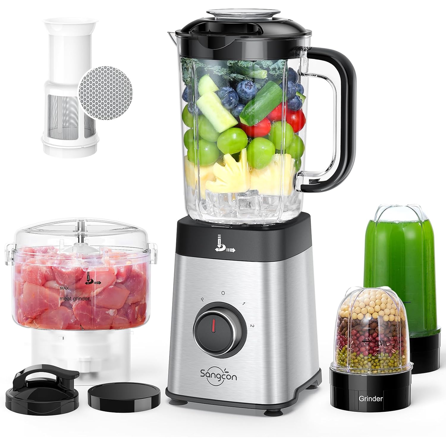 Sangcon Blenders And Food Processor Combo For Kitchen, 5 In 1 Blender For Shakes And Smoothies, Meat Chopped, Grinding & More, 40 Oz Jar & 17Oz Cup With To-Go Lid, Stainless Steel Silver