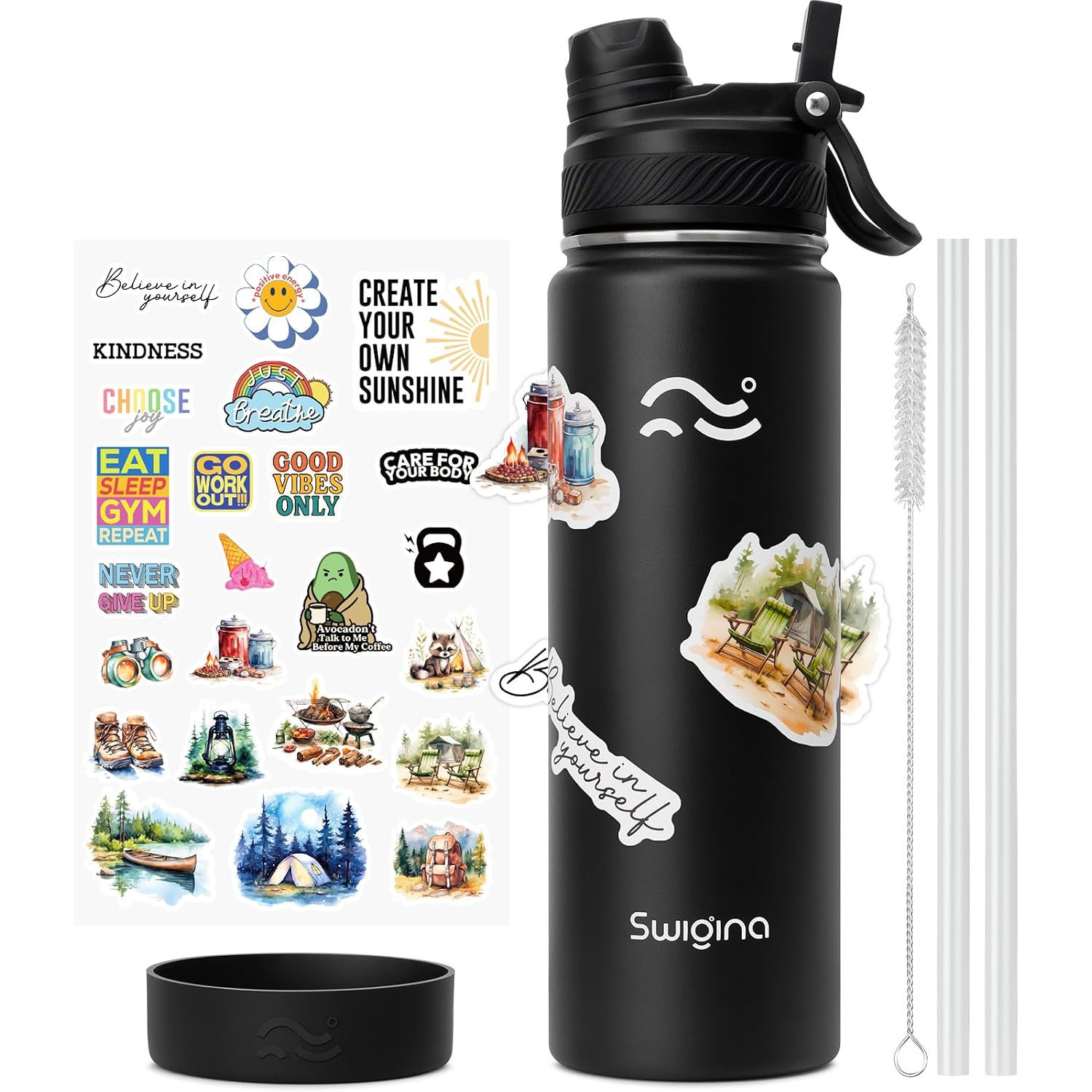 Insulated Water Bottle With Silicone Boot (36Hrs Cold/18Hrs Hot) - Diy Stickers, Leakproof, Bpa Free, Black, 24 Oz [2-In-1 Lid]