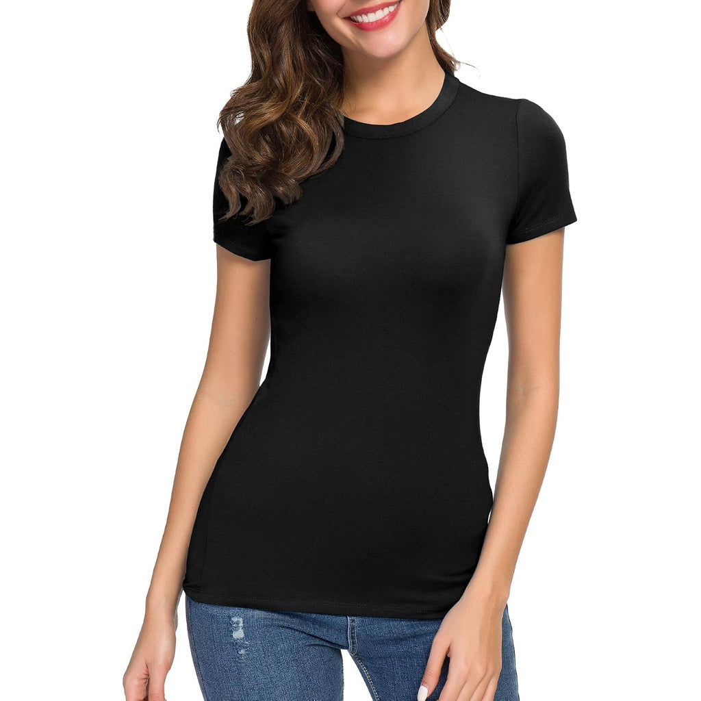 Women'S Crewneck Slim Fitted Short Sleeve T-Shirt Stretchy Bodycon Basic Tee Tops