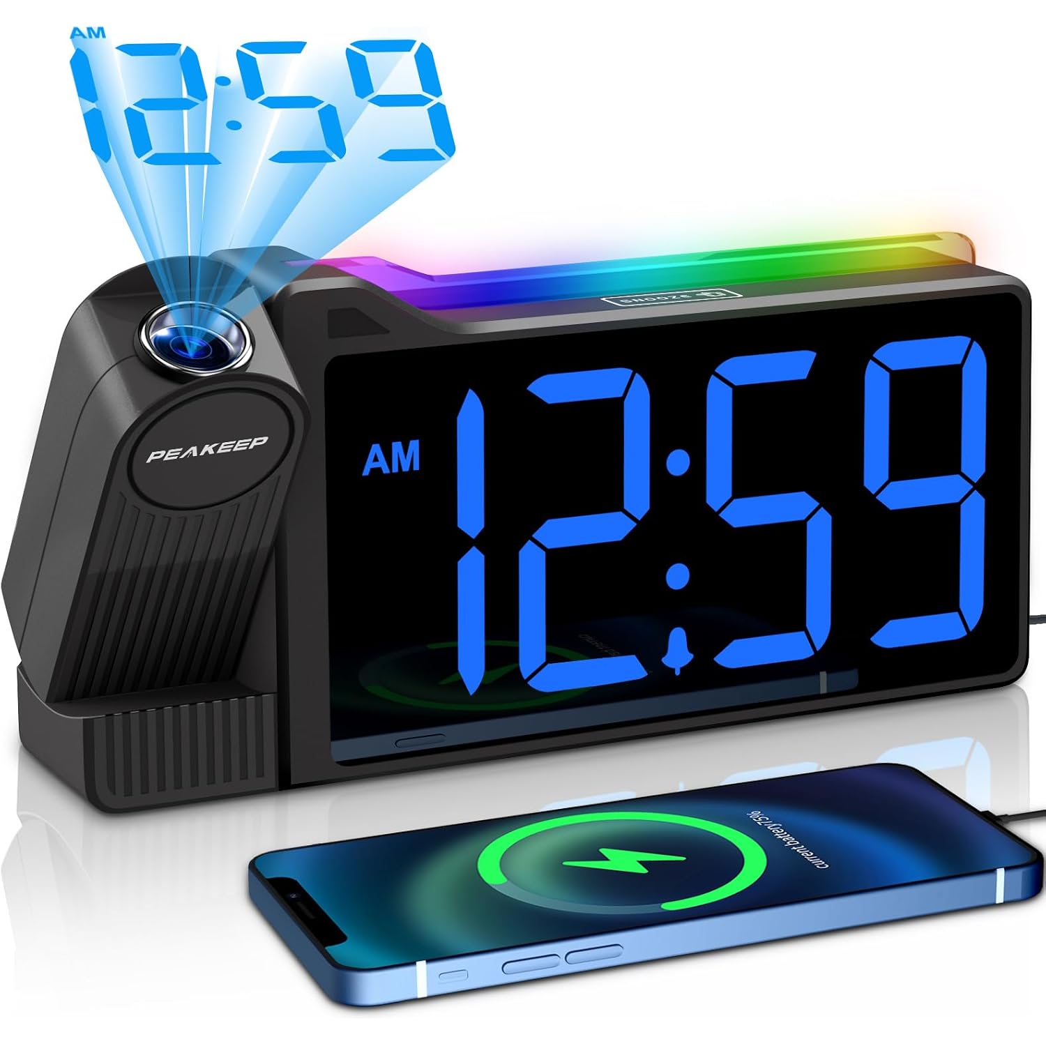 Peakeep Projection Alarm Clock For Bedroom Ceiling With Colorful Nightlight | 180° Rotatable Projector, 5 Brightness Dimmable, Electric Large Number Led Digital Clock With Usb Port Charger For Bedside