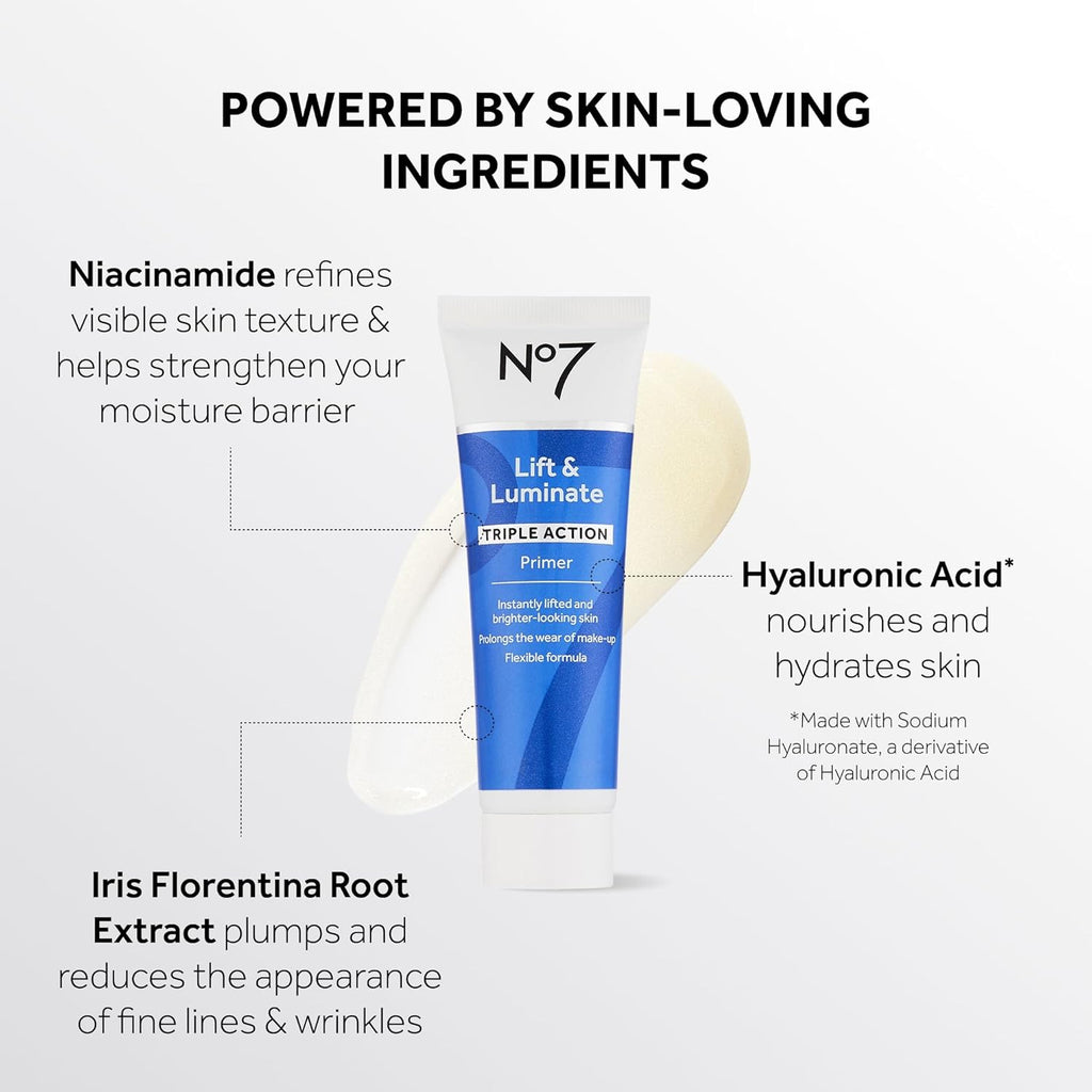 No7 Lift & Luminate Primer - Hydrating Primer with Niacimamide - Creates Smooth Base for Makeup Application & Illuminates Skin Glow (30ml)