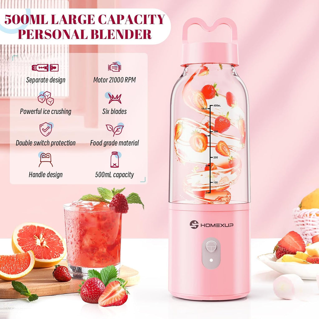 Portable Personal Blender 17 Oz/500 Ml Juicer, 175W Personal Size Blender, Ideal For Smoothies, Ice Blending, Juicing, And Food Processing, Compact, Convenient, And Versatile (Pink)