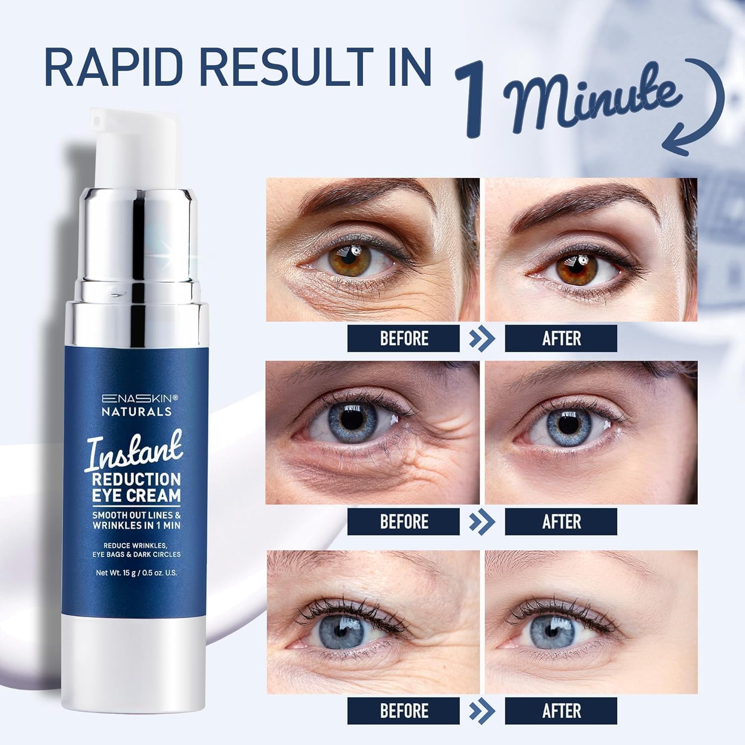 Enaskin Naturals Instant Eye Cream & Face Lift - No White Residue Rapid Wrinkle Filler - Under Eye Bags & Puffiness Remover - Dark Circles Treatment - Temporary Firming Serum For Women & Men - 0.5 Oz
