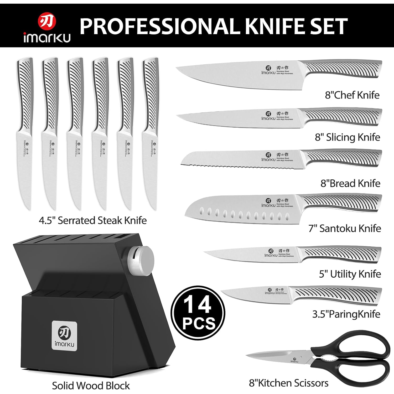Imarku 14-Piece Knife Block Set, Knife Set With Block And Build-In Sharpener, Japanese Stainless Steel Knife Set For Lasting Sharpness, Dishwasher Safe, Black