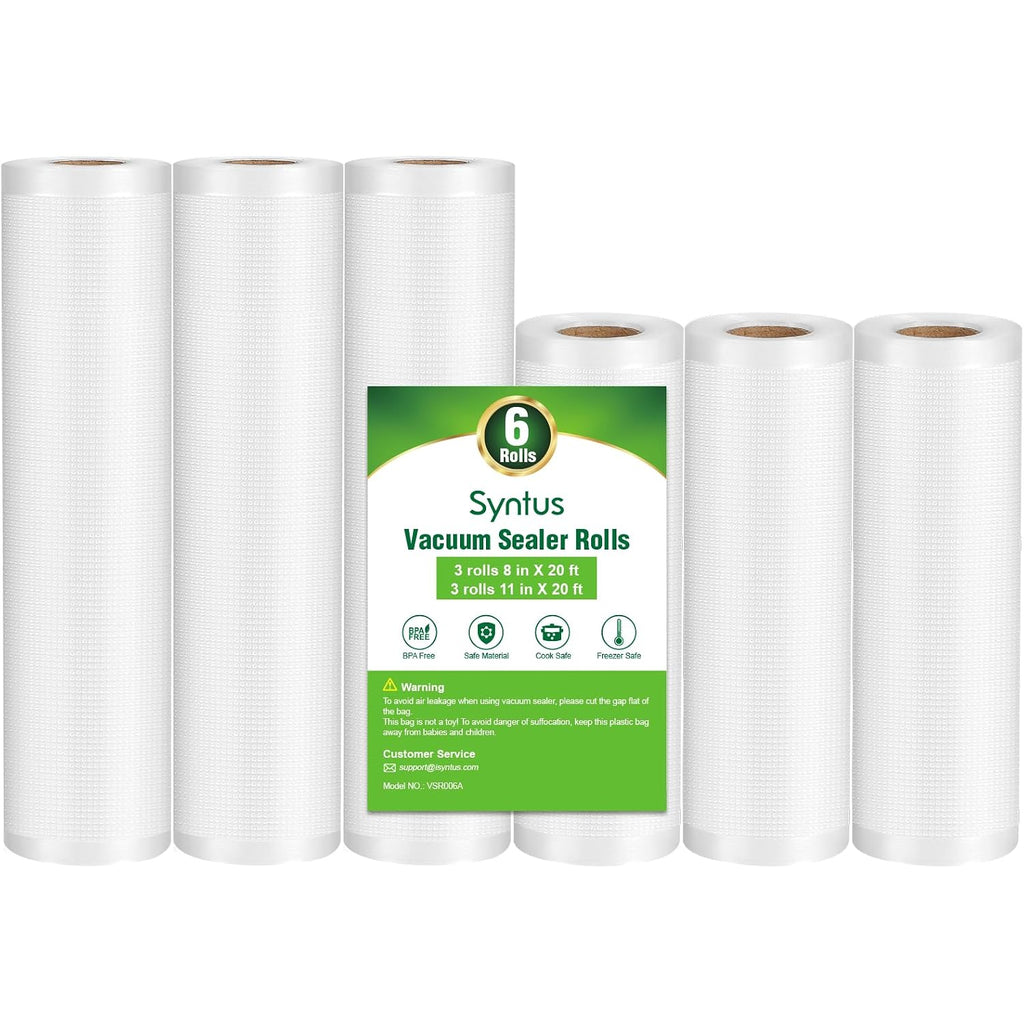Syntus Vacuum Sealer Bags, 6 Pack 3 Rolls 11" X 20' And 3 Rolls 8" X 20' Commercial Grade Bpa Free Bag Rolls, Food Vac Bags For Storage, Meal Prep Or Sous Vide