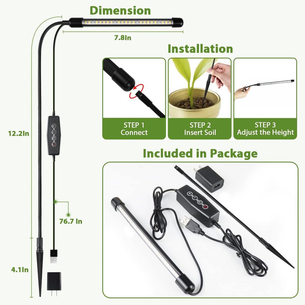Grow Light For Indoor Plants Growing, 6000K Full Spectrum Gooseneck Plant Lamp For Seedings Succulents Small Plants, Auto On/Off Timing & 5 Dimming, 1-Pack