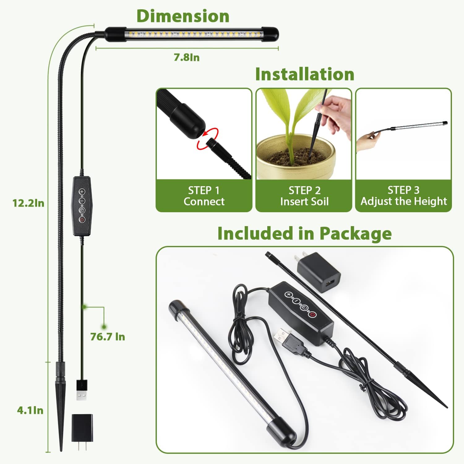 Grow Light For Indoor Plants Growing, 6000K Full Spectrum Gooseneck Plant Lamp For Seedings Succulents Small Plants, Auto On/Off Timing & 5 Dimming, 1-Pack