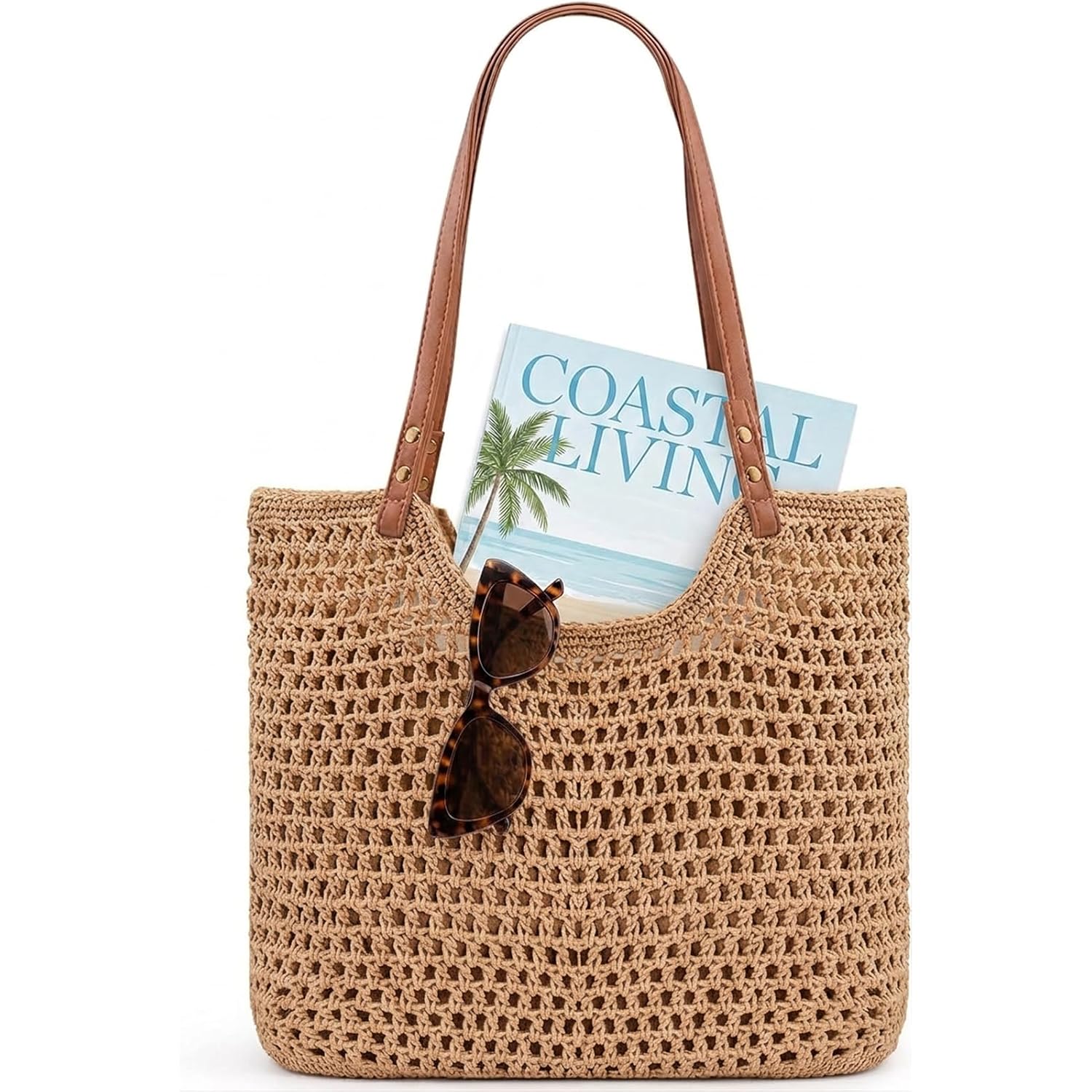 Crochet Beach Bags For Women, Reinforced Strap Woven Tote Bag With Zipper, Lined Boho Summer Vacation Travel Purse