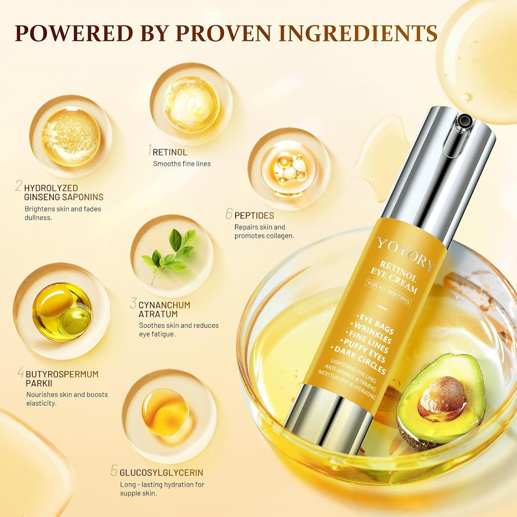 Retinol Eye Cream For Dark Circles & Puffiness – Hydrating & Moisturizing Under Eye Treatment For Wrinkles, Fine Lines & Eye Bags, Gold Formula For Smooth, Revitalized Skin, 0.67 Fl Oz
