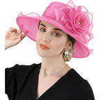 DRESHOW Women Organza Hat Church Cap Hats Clearance Kentucky Derby Cocktail Tea Party Wedding Flower Hat with Wide Brim Flower Hat: Pink