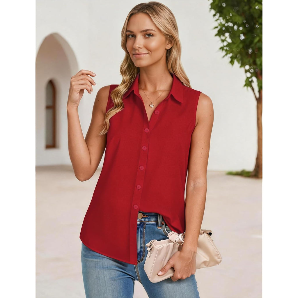 Sleeveless Button Down Shirts For Women, Slim Fit Business Collared Shirt Work Blouses Button Up Office Clothe