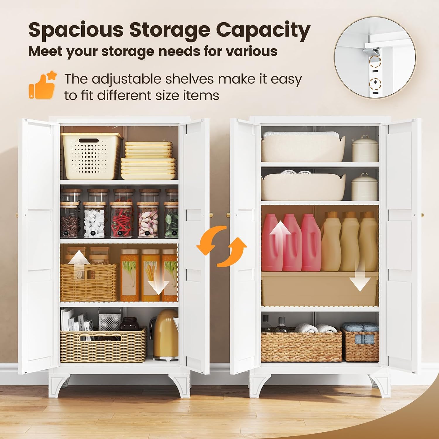 Metal Storage Cabinet With Doors And 3 Adjustable Shelves - 47" White Kitchen Pantry Storage Cabinet Locker For Kitchen,Living Room,Dining Room