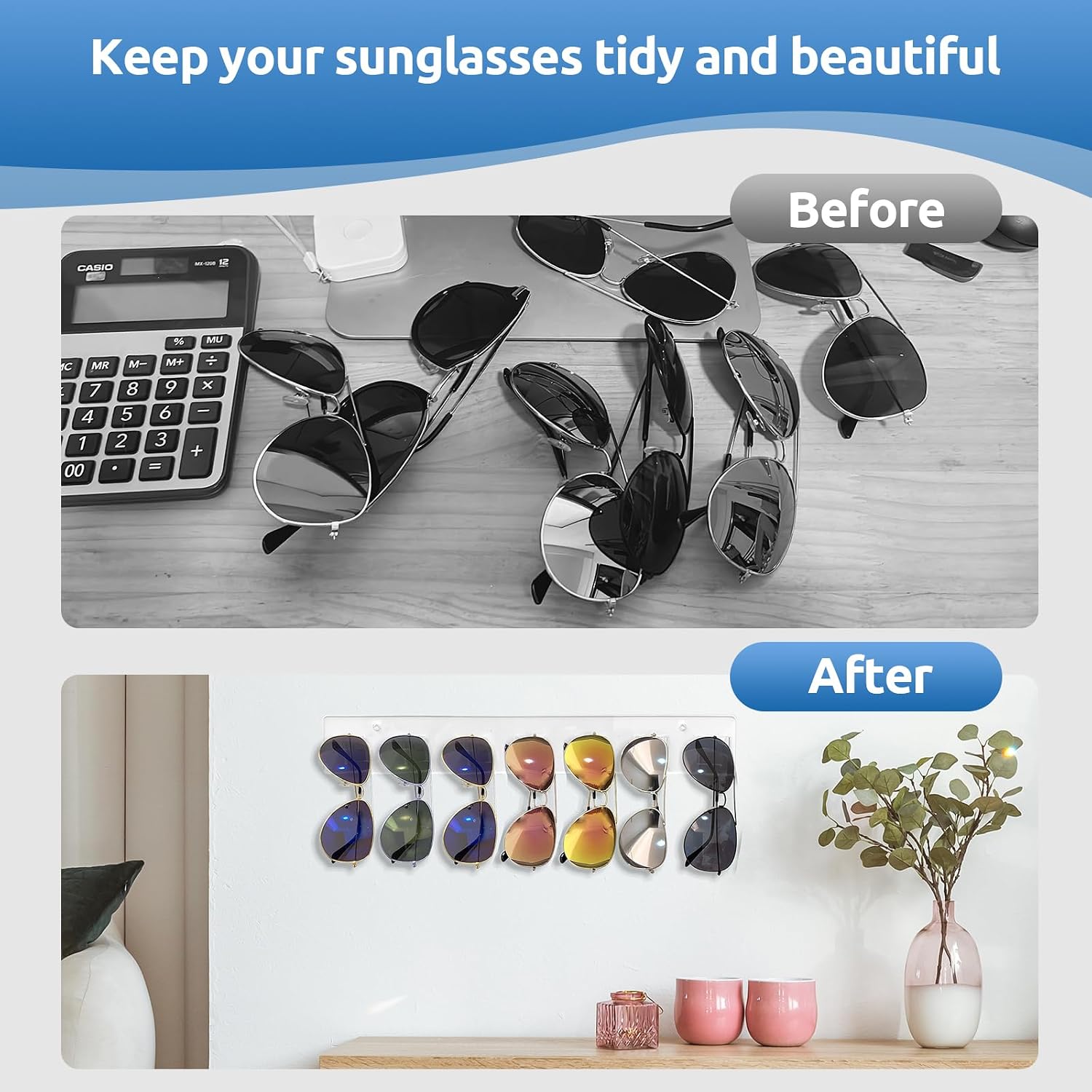 Sunglasses Organizer 2 Pack, Wall Glasses Holder, Acrylic Sunglasses Display, Eyeglass Organizer For Multiple Glasses For Office & Home Decor, Unique Gifts For Husband, Women & Girls, Clear