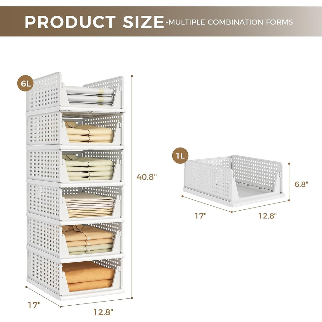 6 Pack Closet Organizers Storage Bins, Stackable Plastic Drawer Basket For Clothing, Stackable Storage Bins Shelf Storage Container For Closet Wardrobe Bedroom Bathroom Office White