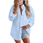 Women 2026 Loose Fit Tops Cotton Linen Button Down Shirts Collared Roll Up Long Sleeve V Neck Blouses