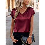 Zeagoo Women Silk Satin Tops Cap Short Sleeve Blouse V Neck Shirts Business Casual Outfits S-2Xl