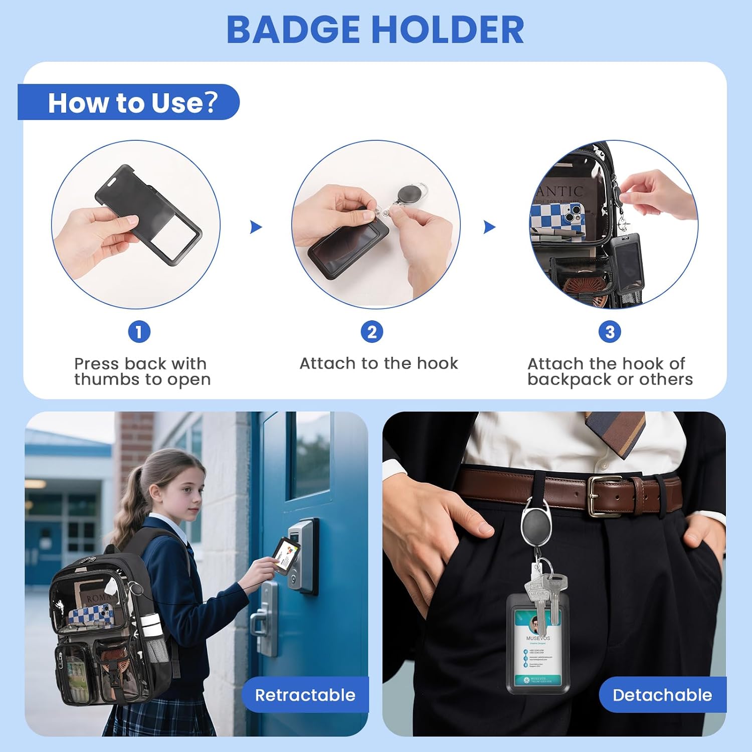 Musevos Clear Backpack For School, Heavy Duty Clear Bookbag For Girls Boys Transparent Backpack With Badge Holder, Semi-Black