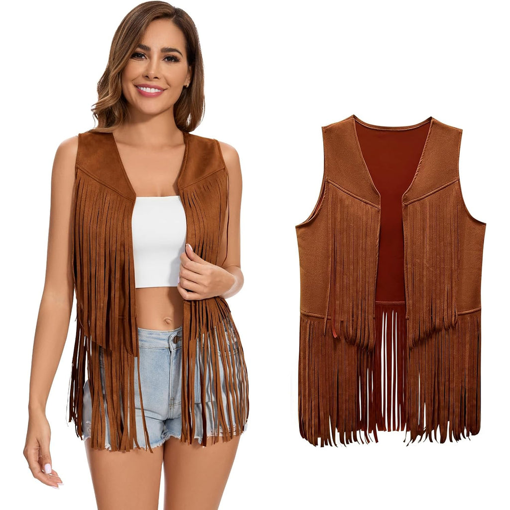 Women'S Fringe Vest 60S 70S Hippie Vest Sleeveless Cowgirl Western Faux Suede Tassel Leather Jacket Hippie Party