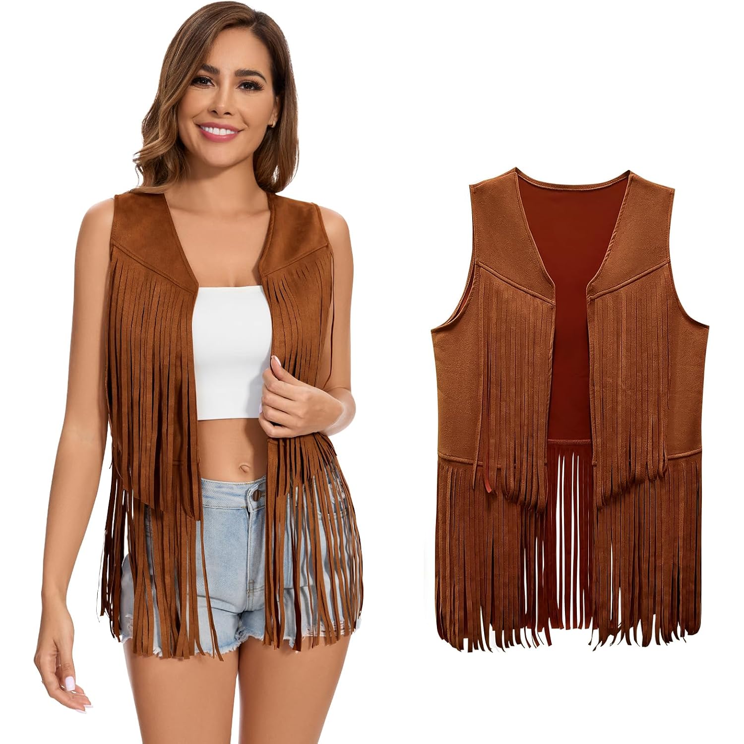 Women'S Fringe Vest 60S 70S Hippie Vest Sleeveless Cowgirl Western Faux Suede Tassel Leather Jacket Hippie Party