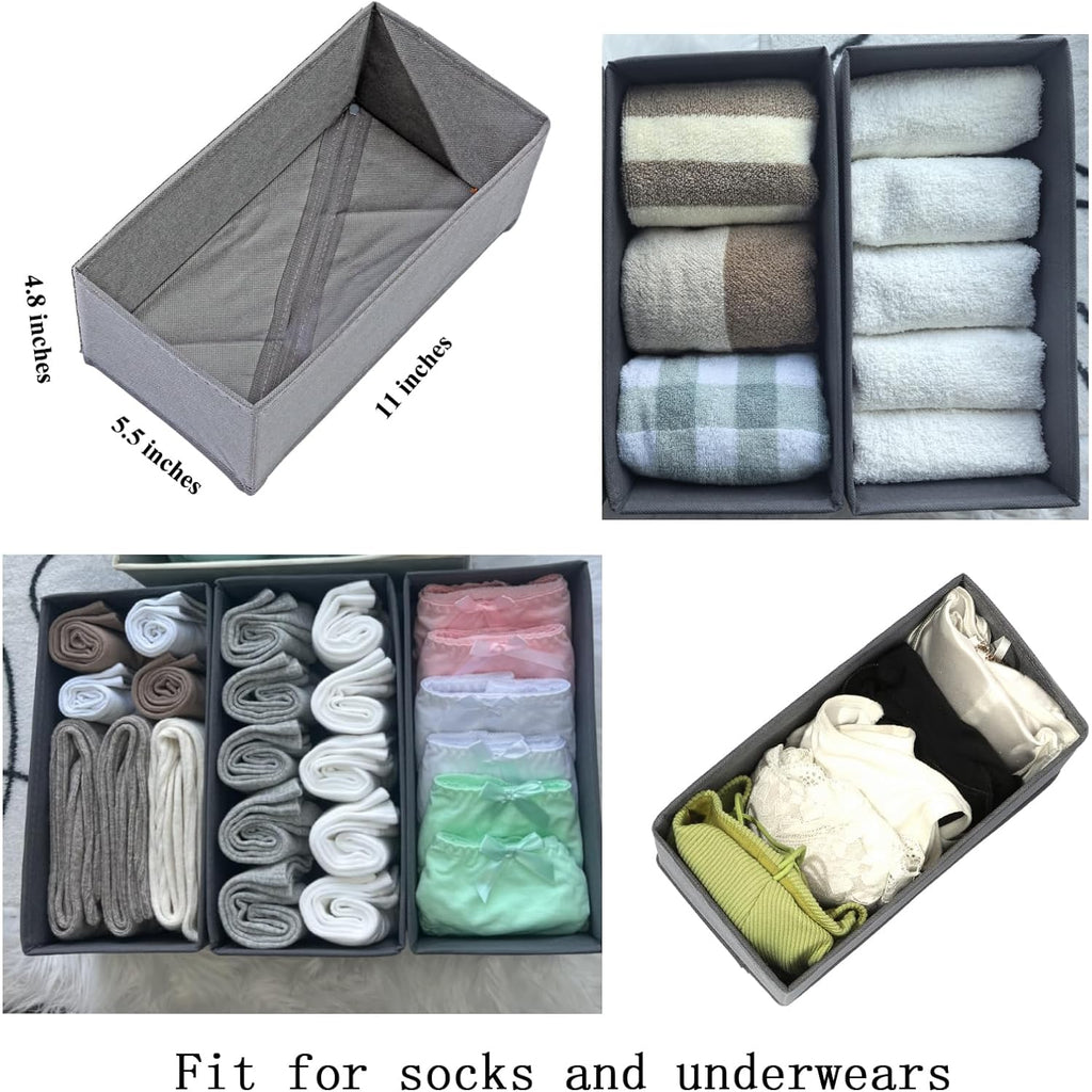 Bructhun Sock Drawer Organizer 3 Pack - Collapsible Fabric Storage Bins For Underwear Divider, Small Closet Organizers With 3 Compartments, Gray
