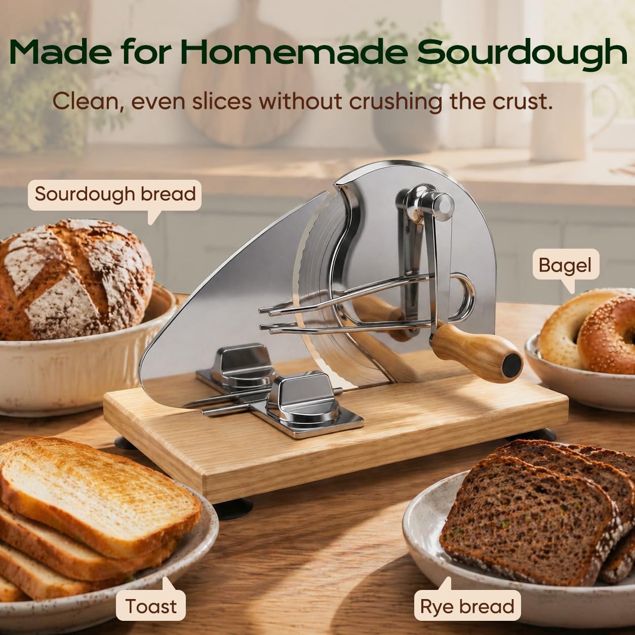 Saluna Manual Bread Slicer For Sourdough And Homemade Bread, Adjustable Bread Slicer With Hand Crank, Stainless Steel Blade And Suction Base