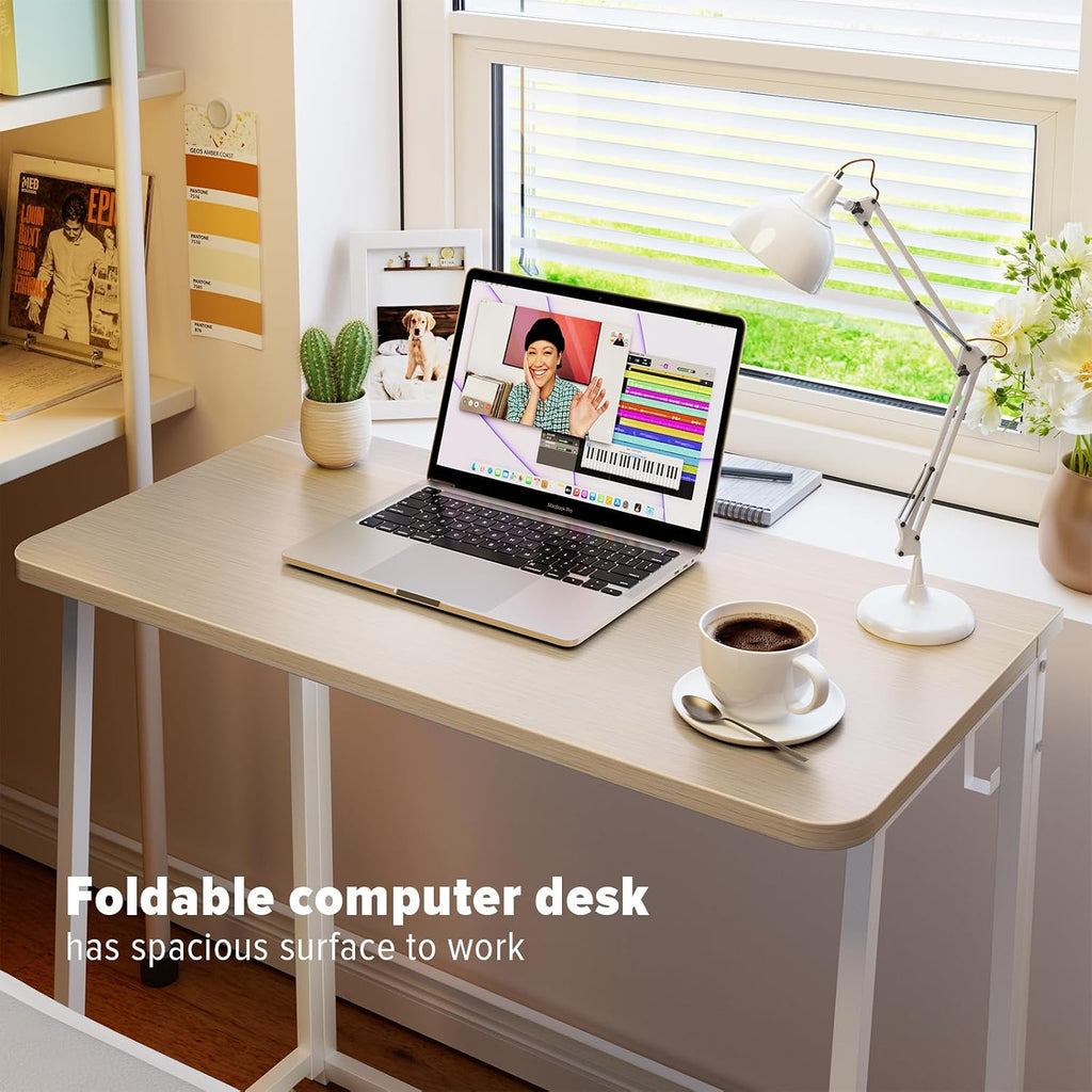 Wohomo Folding Desk, Small Foldable Desk 31.5" For Small Spaces, Space Saving Computer Table Writing Workstation For Home Office, Easy Assembly, Oak