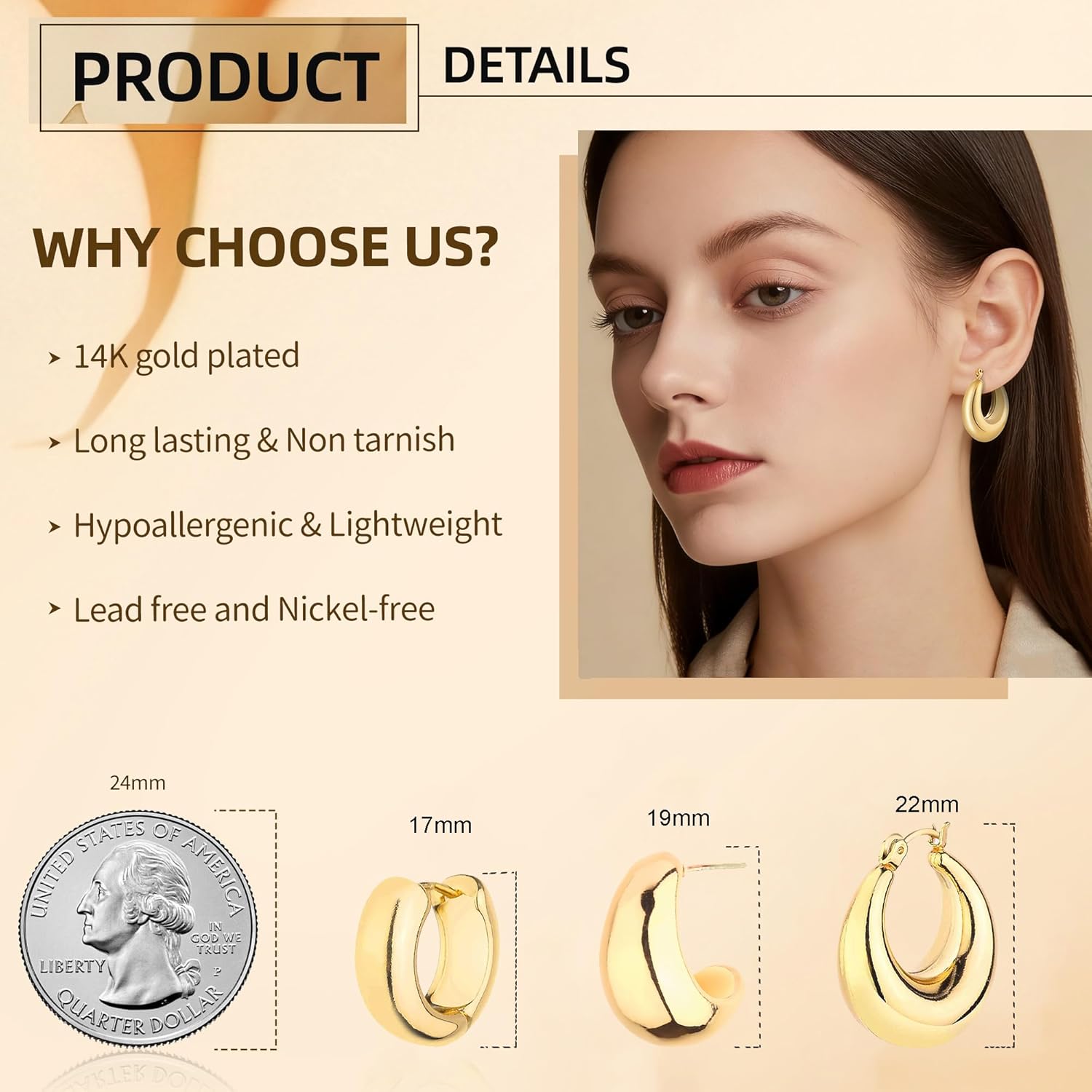HILXURY Gold Chunky Hoop Earrings Set for Women, 14K Gold Plated Twisted Huggie Hoop Earring Hypoallergenic, Thick Open Hoops Set Lightweight