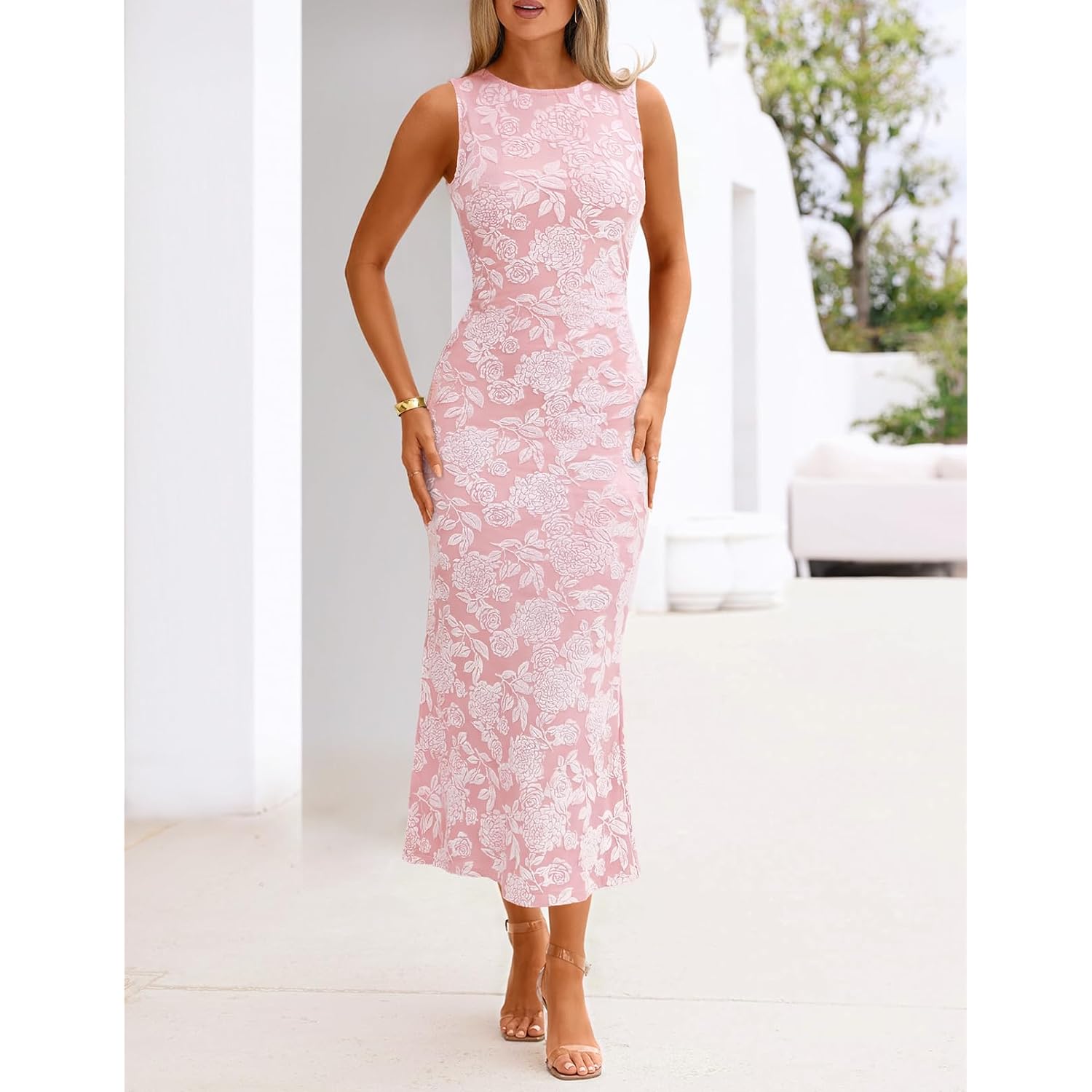 Merokeety Women'S Summer Wedding Guest Maxi Dress 2026 Sleeveless Floral Bodycon Mesh Cocktail Formal Party Long Dresses
