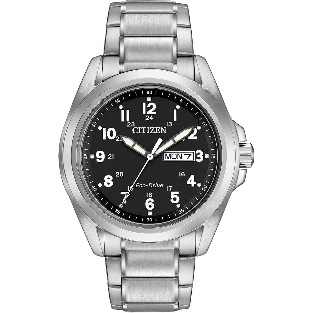 Citizen Men'S Eco-Drive Weekender Garrison Field Watch In Stainless Steel, Black Dial, Arabic Markers, Luminous, 43Mm (Model: Aw0050-82E)