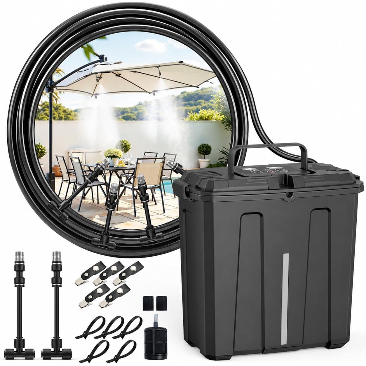 Portable Misting System, Outdoor Water Misters For Outside Patio Umbrella Cooling With Rechargeable Water Pump (Consecutive 8Hrs), 9L Bucket, 26Ft Hose, For Tailgating, Camping, Canopy, Sport