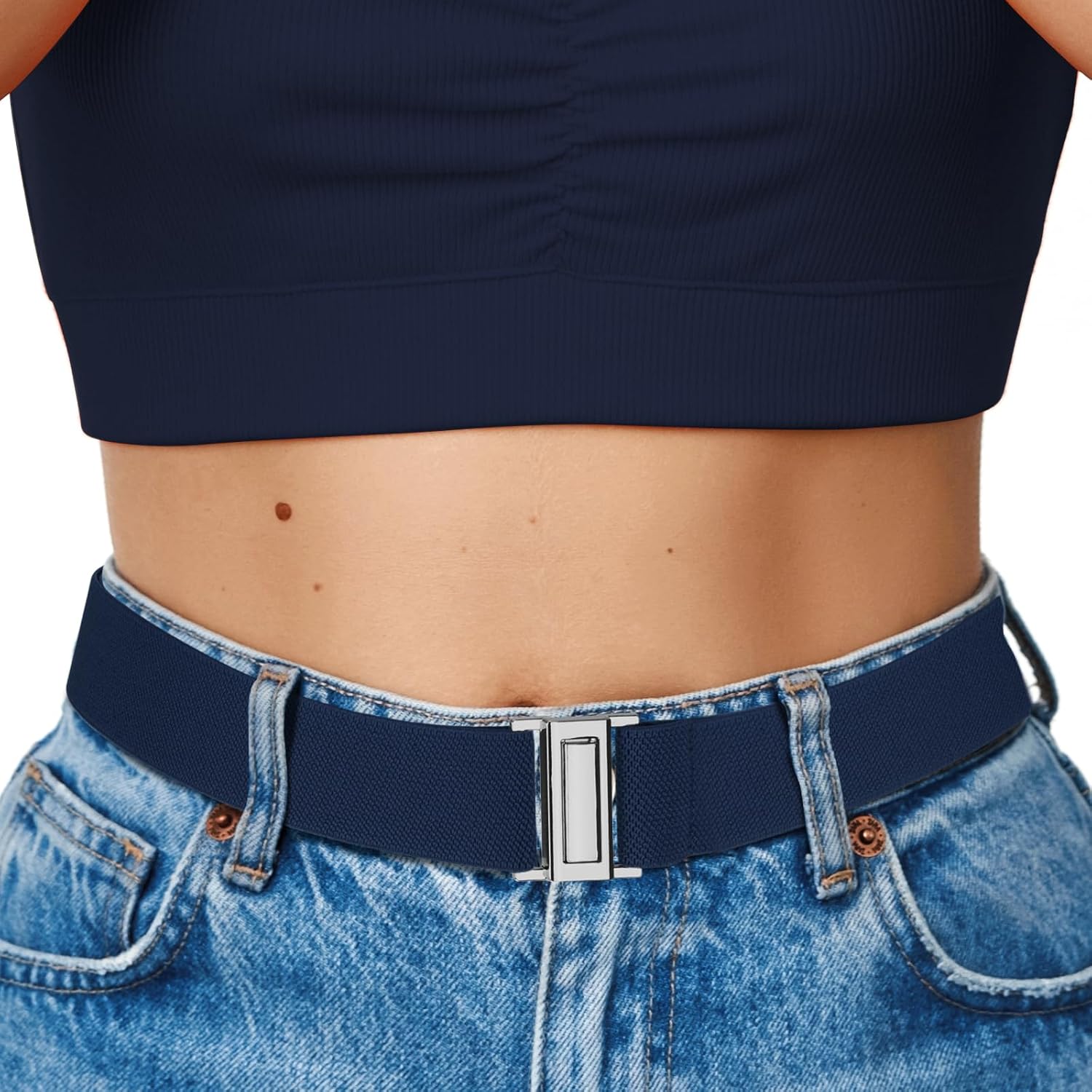 No Show Elastic Belts for Women with Invisible Flat Buckle Stretch Web Strap Belt for Jeans Pants Dresses