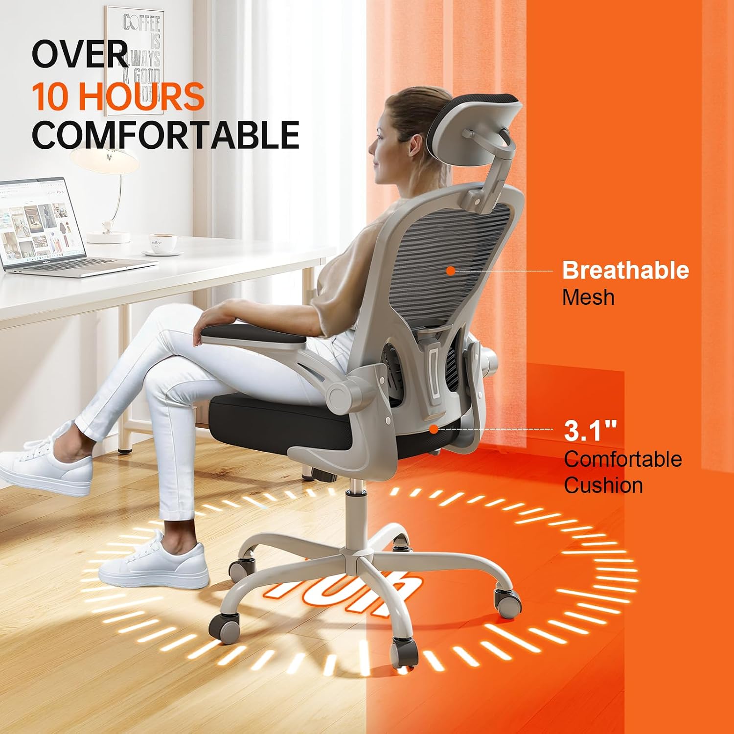 Office Chair Ergonomic Desk Chair, 330Lbs Capacity, High Back Computer Chair For Long Hours Comfortable, Rolling Swivel Executive Task Chair For Home Office With Flip-Up Armrests, Black