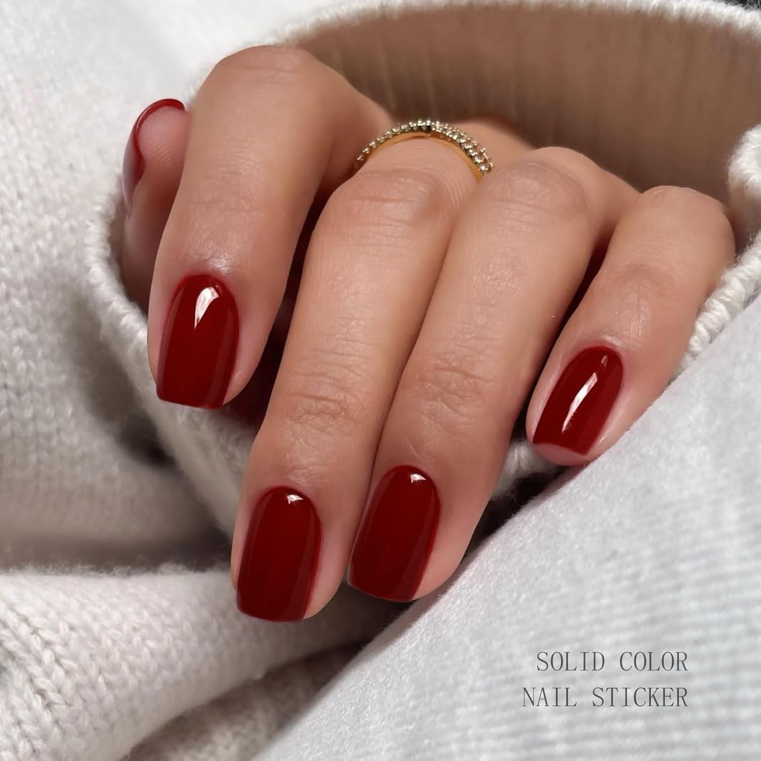 JMEOWIO Semi Cured Gel Nail Strips Wine Red Gel Nail Stickers Wraps UV/LED Nails Art Design Decoration Accessories