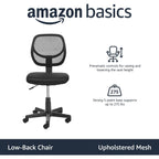 Amazon Basics Low Back Office Chair, Breathable Mesh, Height Adjustable, Padded Seat, Rolling Wheels, Swivel, Back Support, Sturdy, 21.25" D X 22.5" W X 38" H, Black