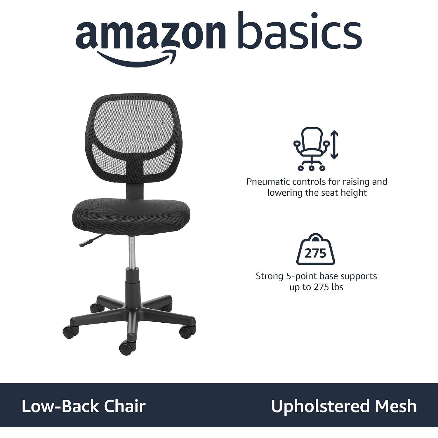 Amazon Basics Low Back Office Chair, Breathable Mesh, Height Adjustable, Padded Seat, Rolling Wheels, Swivel, Back Support, Sturdy, 21.25" D X 22.5" W X 38" H, Black
