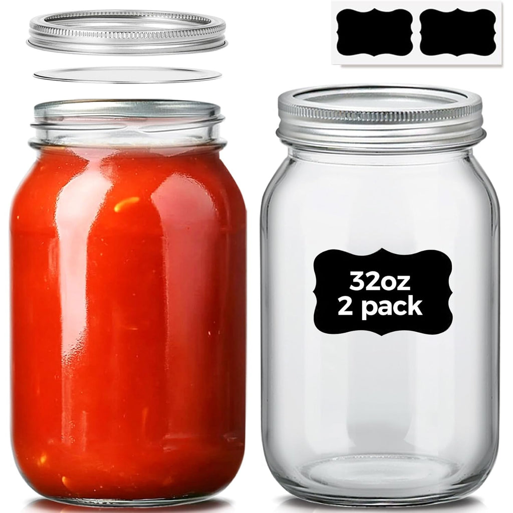 ComSaf Wide Mouth Mason Jars 32 oz with Lids 2 Pcs, Quart Mason Jars with Seal Band, Large Glass Jars, Large Canning Containers for Pickles, Jams, Sauces, Salsa, Sourdough, Salad, Suntea, Food Storage