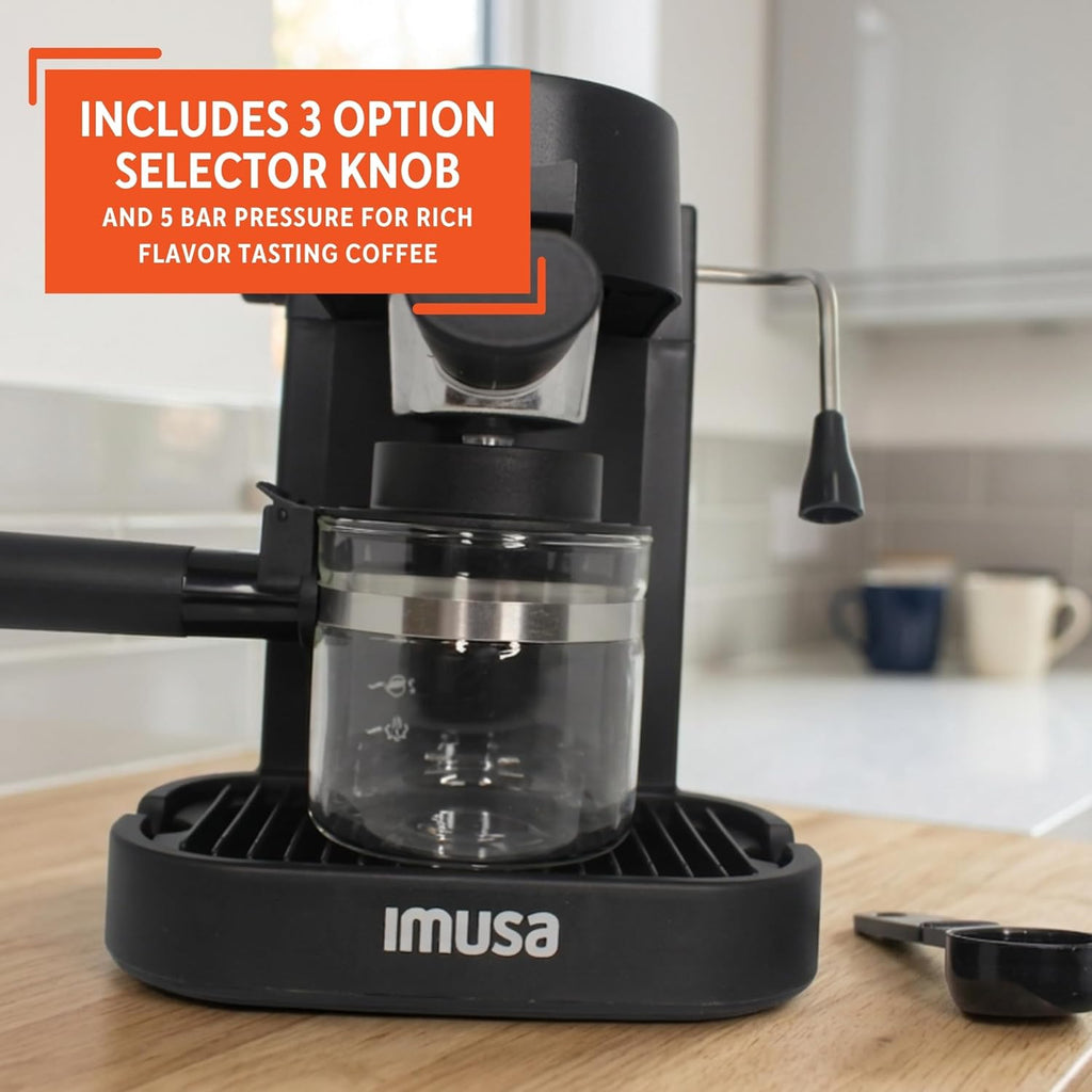 Imusa Electric Espresso Cappuccino Maker 4 Cup Capacity With Milk Frother Black Coffee Machine For Home Barista Experience