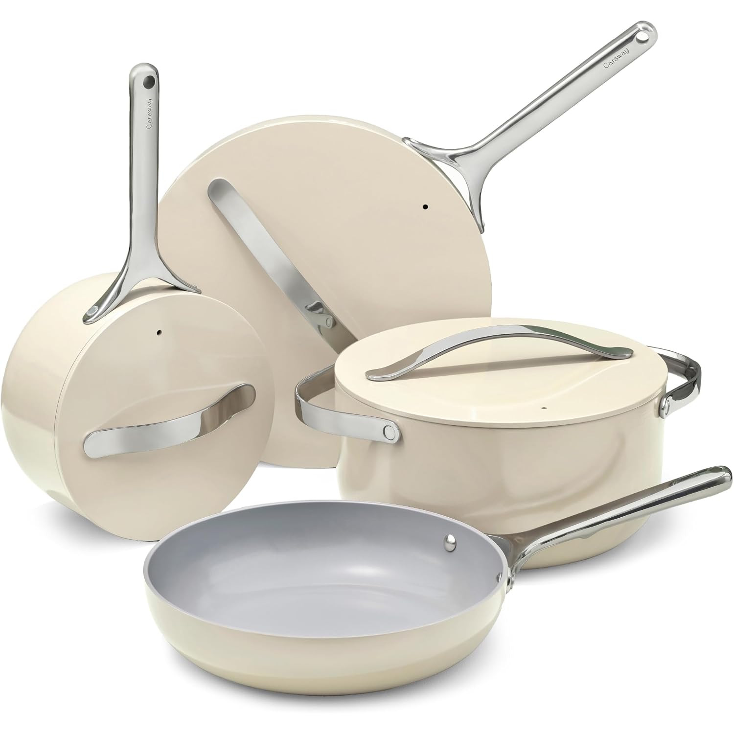 Caraway Non-Stick Ceramic Cookware Set (12 Piece) Pots, Pans, Lids And Kitchen Storage - Pfas & Pfoa Free - Oven Safe Pan Set & Compatible With All Stovetops - Cream