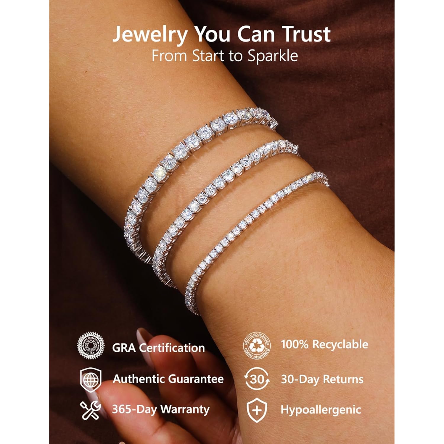 KRKC&CO Lab-Grown Moissanite Tennis Bracelet Women, Luxury Anniversary Wedding Bridal Gift for Wife, 2.2-13.8 ct.tw, D Color VVS1, 925 Sterling Silver 14K Golden Plated, Hypoallergenic, Everyday Jewelry