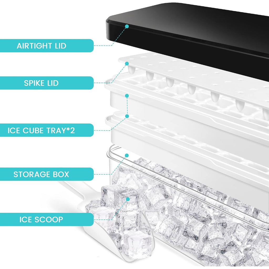 Ice Trays For Freezer With Lid & Bin, Ice Cube Tray Making 64 Pcs Ice Cubes, Easy Press To Release Ice, Ice Tray With Storage Bin Chilling Cocktail Whiskey Coffee 2 Trays 1 Ice Bucket & Scoop (Black)