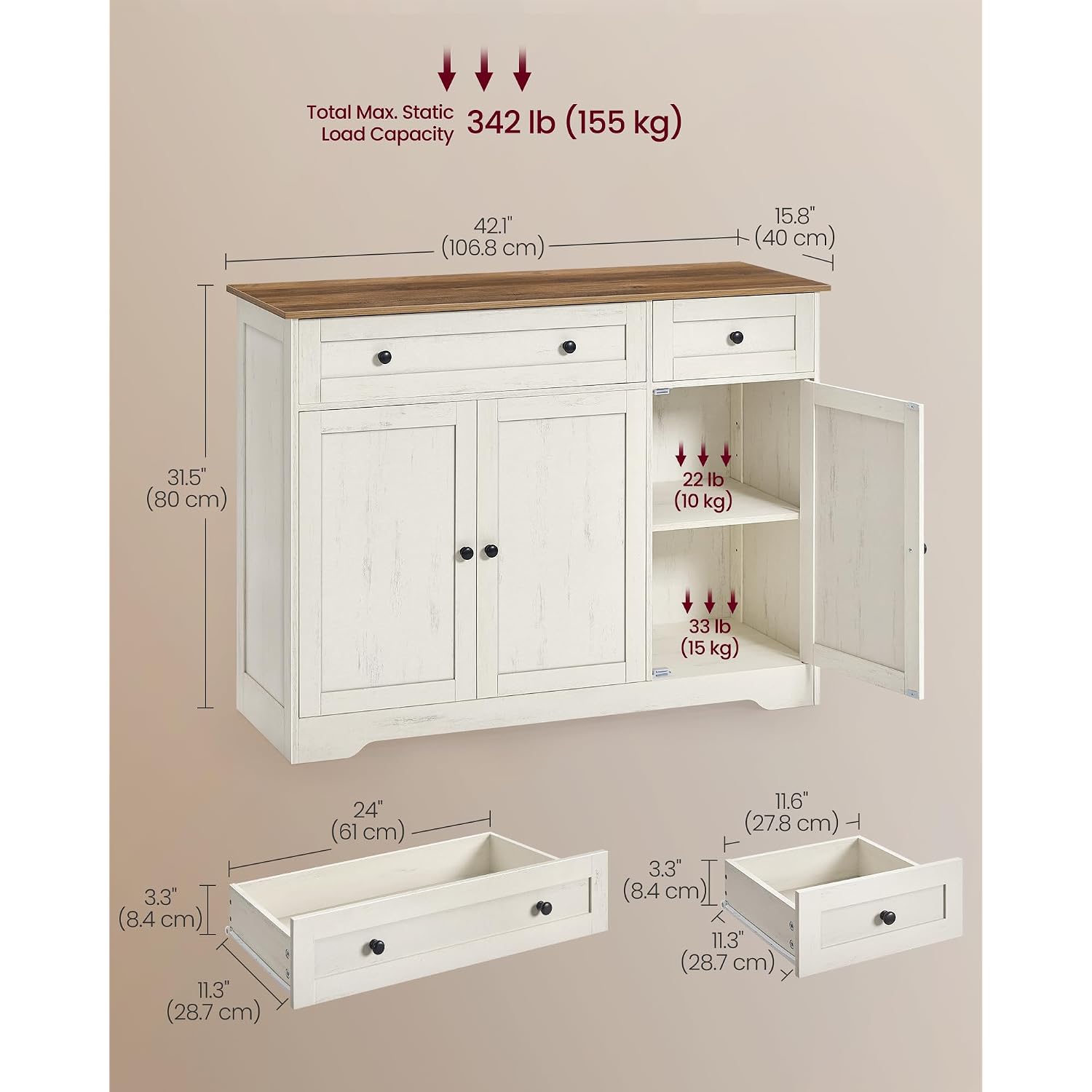Vasagle Siren Collection - Buffet Cabinet, Traditional Basic Coffee Bar Cabinet With 2 Drawers, Adjustable Shelves, 3 Doors, Sideboard, 42.1 X 15.8 X 31.8 Inches, Cloud White Ulsc531Wj01S