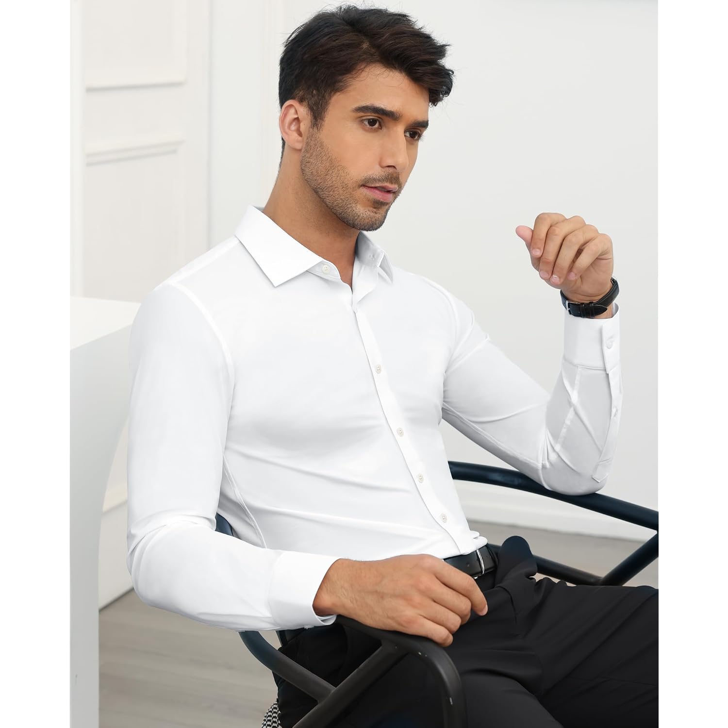 Stretch Mens Dress Shirts Long Sleeve Slim Fit Dress Shirts For Men Muscle Fit Wrinkle Free Button Down Shirt